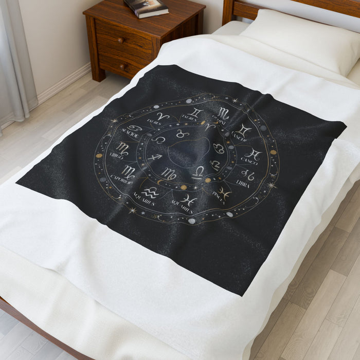 Zodiac Constellation Wheel Velveteen Blanket | Astrological Galaxy, Metallic Accents