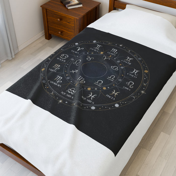 Zodiac Constellation Wheel Velveteen Blanket | Astrological Galaxy, Metallic Accents